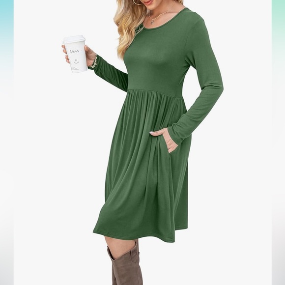 DB MOON | Casual Long Sleeve Empire Waist Knee Length Loose Dress With Pockets - Picture 1 of 8